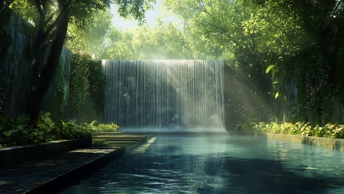Lush courtyard waterfall cascades into a reflective modern pool