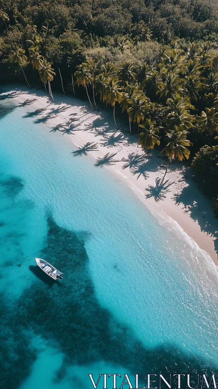 Tropical island coastline with palm shadows and moored boat in turquoise water