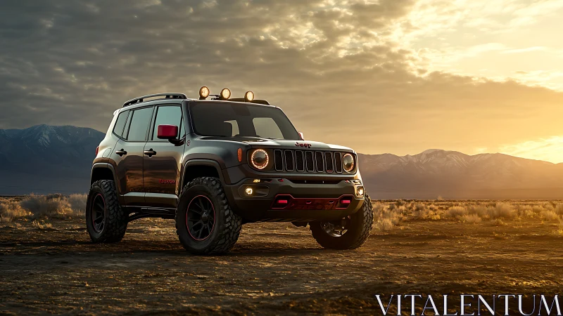 Off-road SUV rendered in dramatic sunset desert lighting