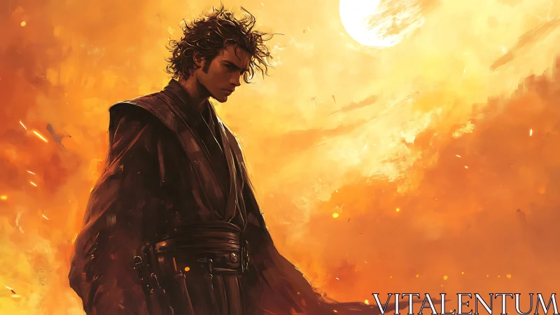 Young robed warrior stands against intense fiery sky