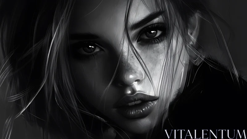 Monochrome digital portrait with intense female gaze.
