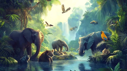 Multiple rainforest animals stand near river under waterfall
