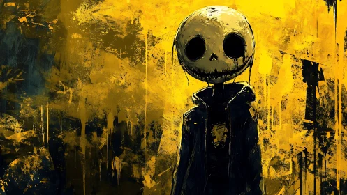 Hooded skull-headed figure stands in gritty yellow void