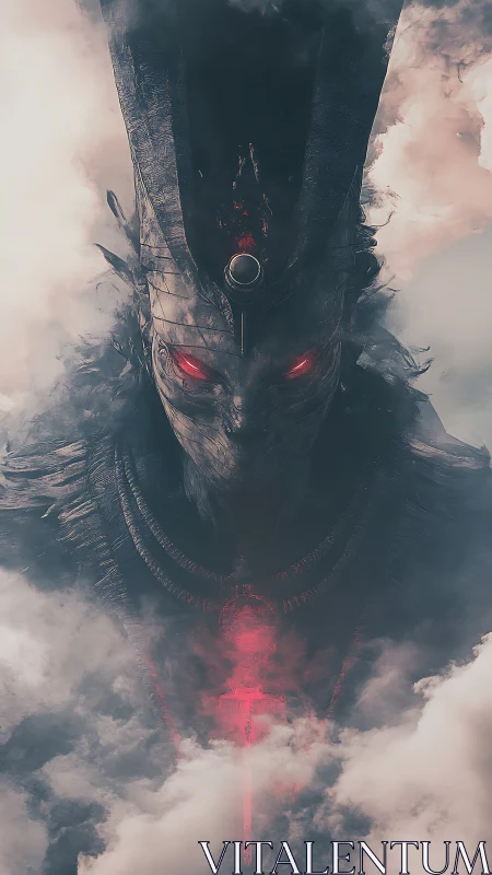 Dark armored deity with glowing red eyes in heavy mist.