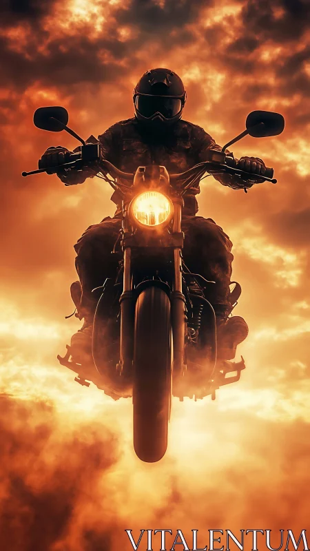 Motorcyclist silhouette soaring through blazing sunset clouds.