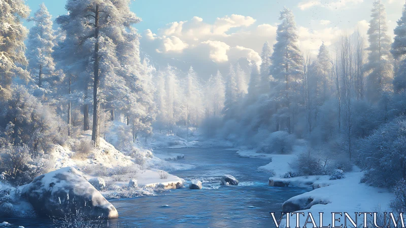 Silent winter river winds through frostlit evergreen forest