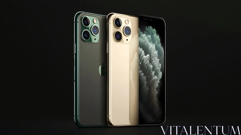 Three iPhone 11 Pro models in midnight green, gold, and black.