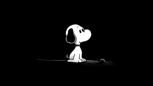 Lonely cartoon dog sits in spotlight on empty black stage.