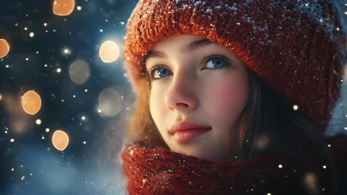 Winter portrait of girl in red knitwear with shallow bokeh
