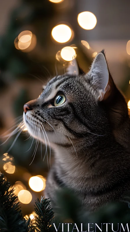 Side-lit tabby cat profile with shallow depth and festive bokeh