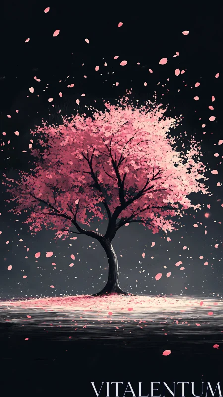 Solitary pink blossom tree on windswept monochrome plain.