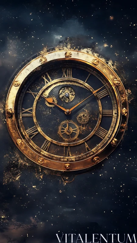 Aged brass clock with exposed gears in starry dark void.