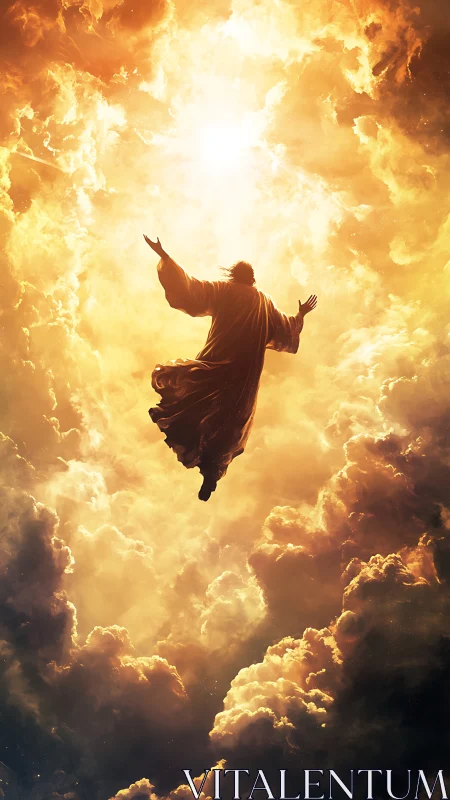 Silhouetted robed figure ascending toward radiant golden sky