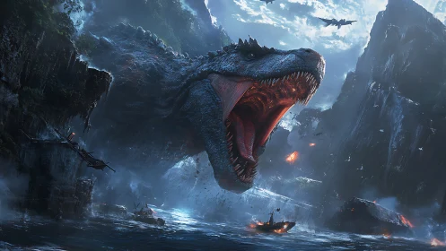 Colossal dinosaur storms flooded canyon in cinematic battle.