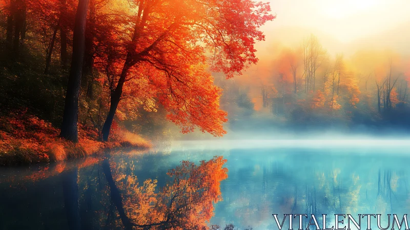 Autumn forest shoreline mirrored on calm misty lake surface.