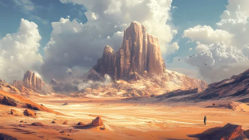 Monolithic desert spire under towering volumetric clouds.