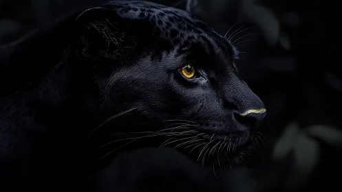 Black Panther Profile With Amber Eyes Against Dark Background.