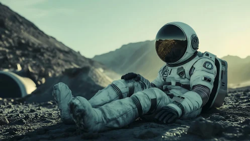 Solitary astronaut rests on rocky extraterrestrial terrain