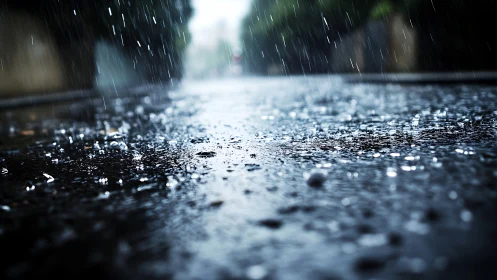 Macro street surface under heavy rainfall with shallow depth