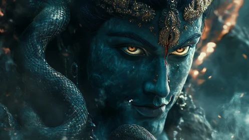 Mythic blue figure with serpent and ornate golden headdress.