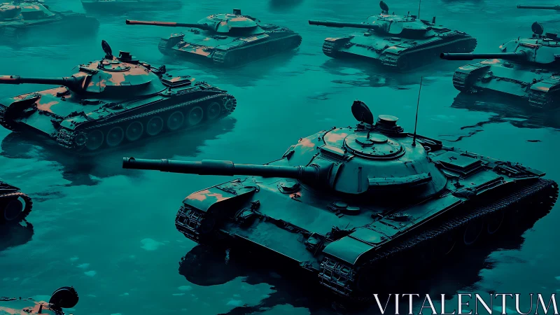 Armored battle tanks gathered on wet reflective terrain.