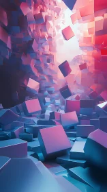 Cascading neon cubes tumble through a glowing digital canyon