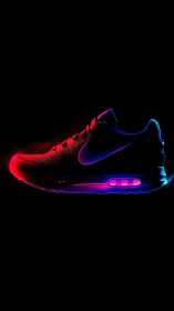 Neon lit running shoe glows boldly against deep black space