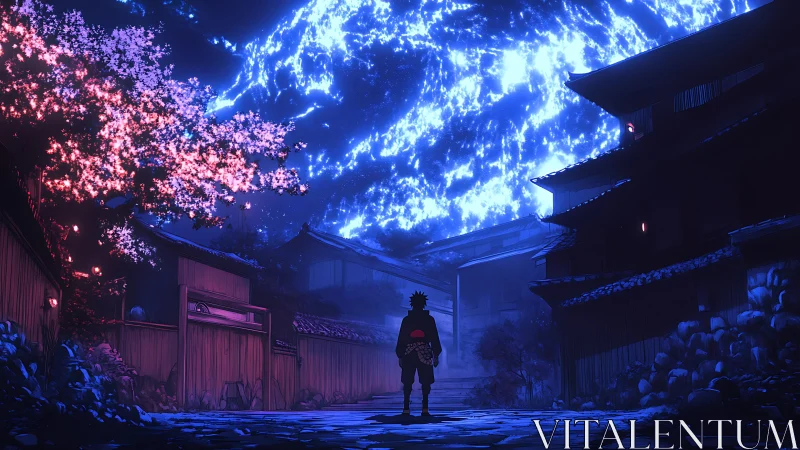 Silhouetted figure stands in neon-lit village under glowing sky