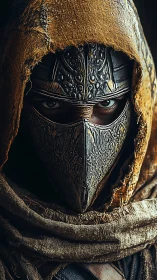 Hooded crow‑masked warrior glowers through burnished bronze.