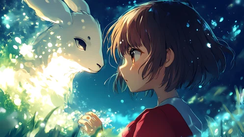 Starlit girl meets luminous spirit rabbit in quiet wonder.