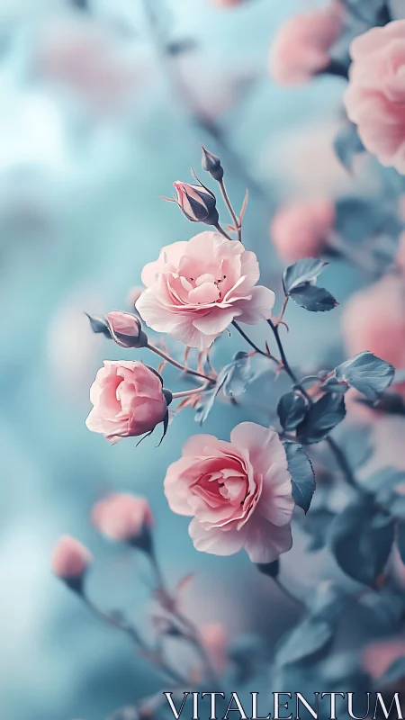 Blush Ballet: Pink Roses Dance Through Dreamy Turquoise Mist.