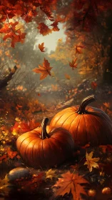 Autumn forest pumpkins under cascading golden foliage.