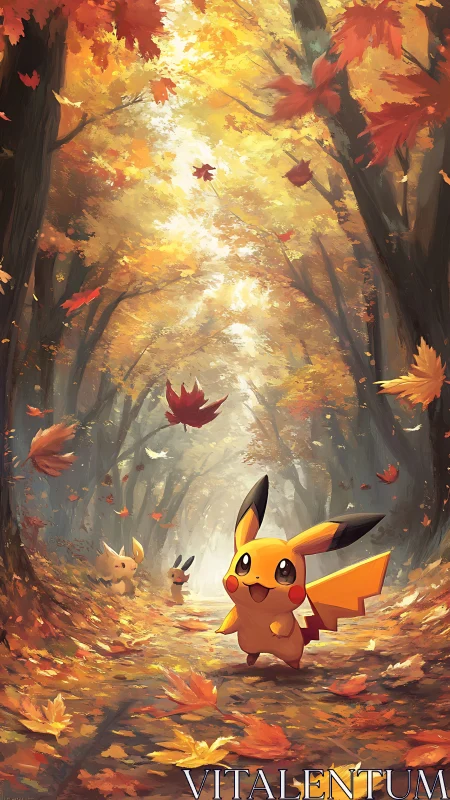 Playful Pikachu wander through a glowing autumn forest path