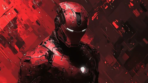 Armored red exosuit rendered in angular abstract digital lighting
