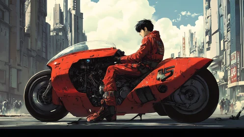 Rider on red futuristic motorcycle pauses in dense city street