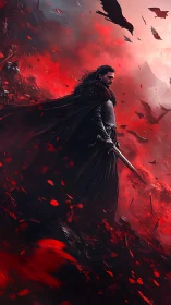 Lone warrior in crimson storm of crows and swirling embers.