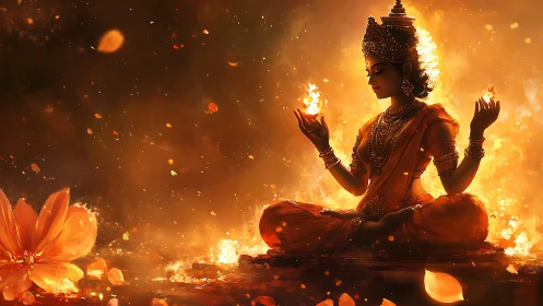 Fiery goddess figure meditating amid glowing orange flames.