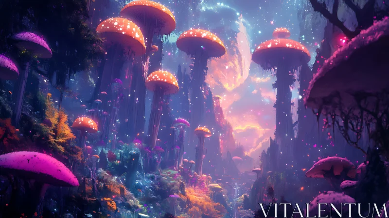 Bioluminescent mushroom forest glows under iridescent nebula