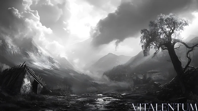 Monochrome mountain valley with ruined hut and distant house.