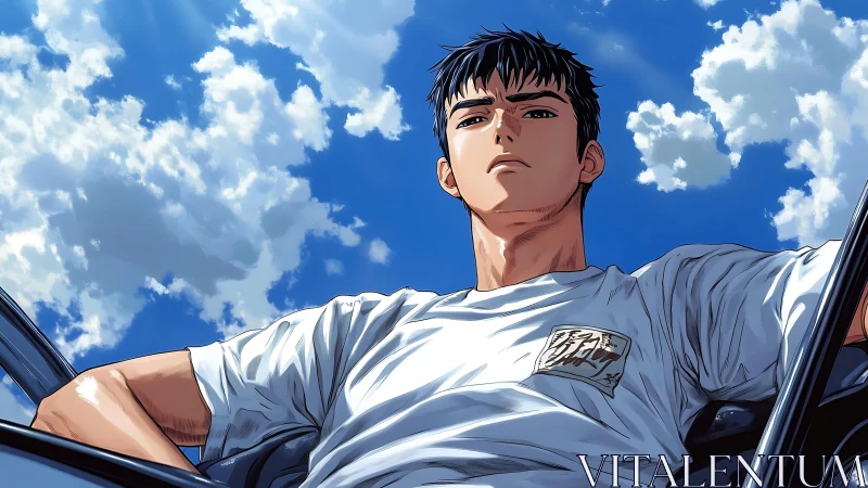 Stoic anime driver framed by deep summer sky clouds.