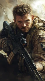 Battle-hardened marksman poised with rifle in desert light.