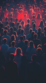 Backlit crowd silhouettes in vivid neon red and blue glow.