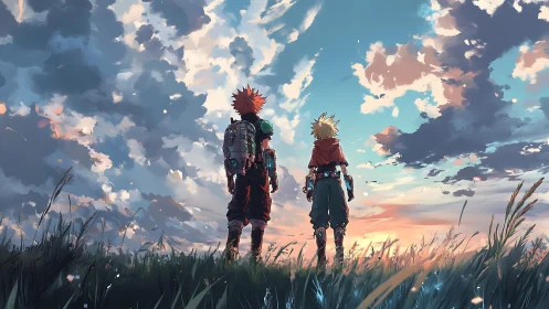 Backlit anime duo in wide-angle grassland under dynamic cloudscape