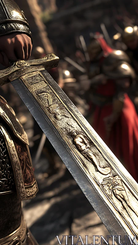 Ornate golden sword gleams in a tense medieval standoff.