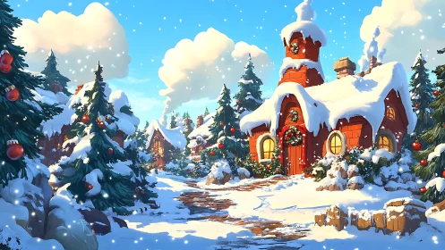 Snowy Christmas cottage under bright winter sky.