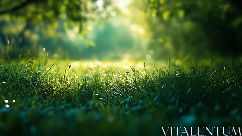 Sunlit Dewy Grass in a Tranquil Forest Morning Scene.