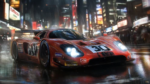 Rain-slashed neon racetrack crowns a crimson endurance beast.