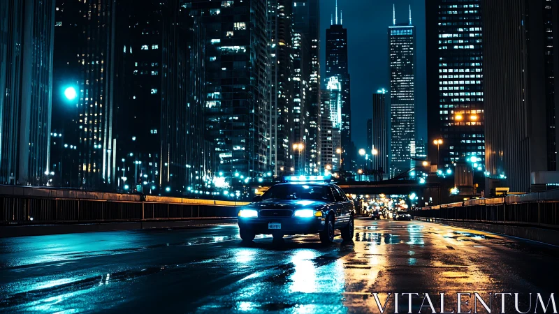 Nocturnal patrol car on reflective cyber-urban arterial roadway.