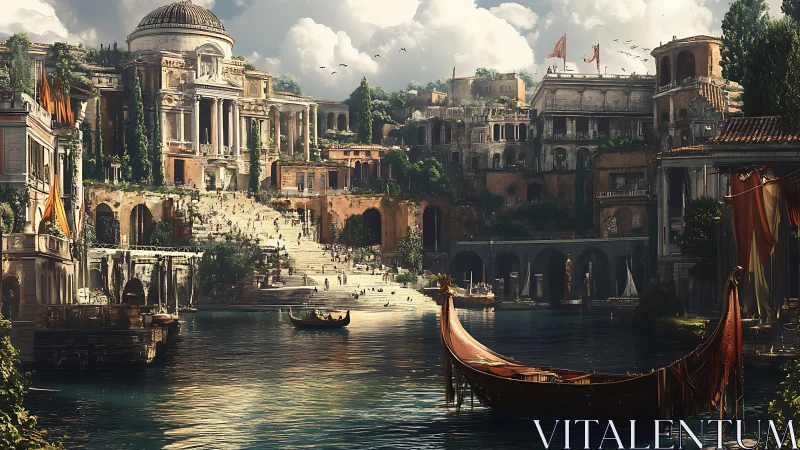 Riverside classical cityscape with domed temple and boats.