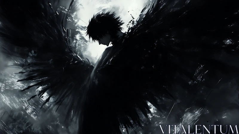 Silhouetted dark-winged figure in high-contrast digital chiaroscuro.